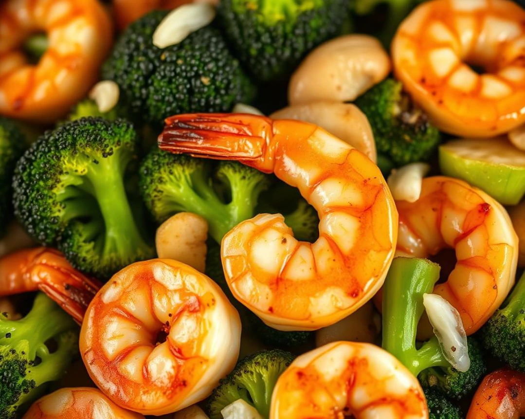 Close-up photo of a vibrant shrimp and broccoli stir-fry featuring plump, cooked shrimp with a glossy orange hue, bright green broccoli florets, and scattered white beans