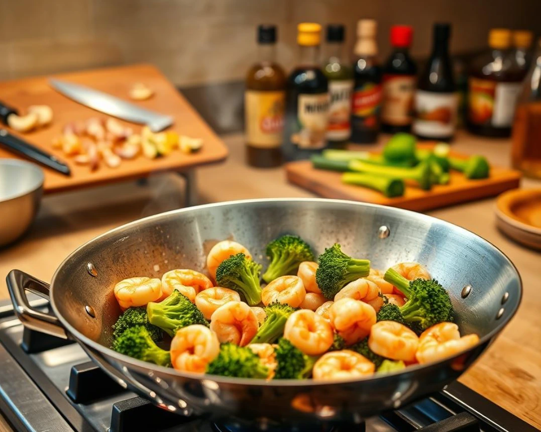 Ring-shaped shrimp and bright green broccoli florets in a pan, cooked with garlic and ginger.