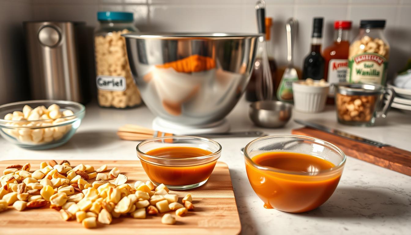  Two small glass bowls of caramel sauce sit on a wooden board next to a pile of chopped nuts, with various baking ingredients in the blurred background.