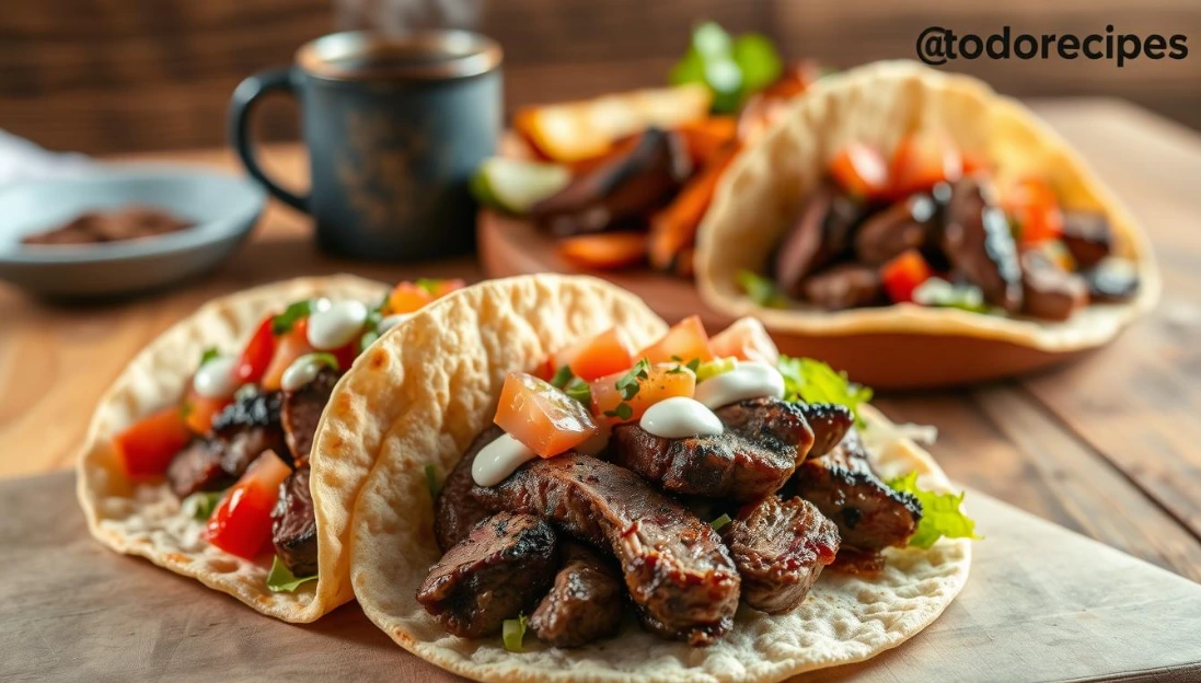Three delicious steak tacos filled with smoky coffee-rubbed skirt steak, tomatoes, cilantro, and a creamy sauce, ready in minutes.