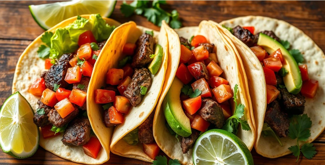 A well-lit, high-definition photograph of perfectly assembled healthy steak tacos. The tacos feature tender, smoky coffee-rubbed steak, fresh diced tomatoes, crisp lettuce, and creamy avocado slices, all nestled in warm, soft tortillas. The lighting is natural and flattering, highlighting the vibrant colors and textures of the ingredients. The tacos are arranged artfully on a rustic wooden surface, alongside fresh lime wedges and a small @todorecipes logo. Three delicious-looking steak tacos with various toppings, arranged on a wooden surface.
