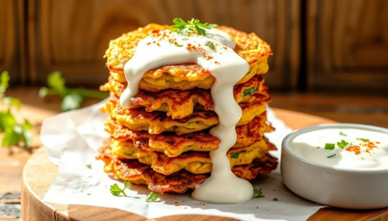 A tall stack of golden-brown zucchini fritters topped with a generous dollop of creamy white garlic yogurt dip, next to a small bowl filled with the same dip