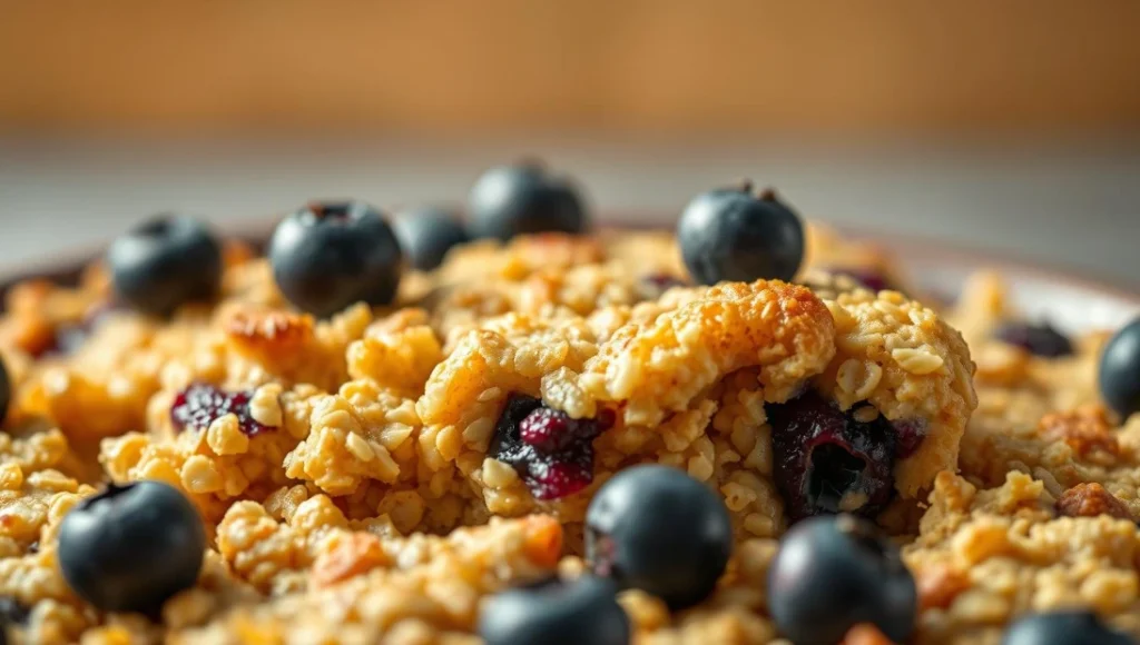 Close-up of creamy blueberry cheesecake baked oats topped with fresh blueberries.