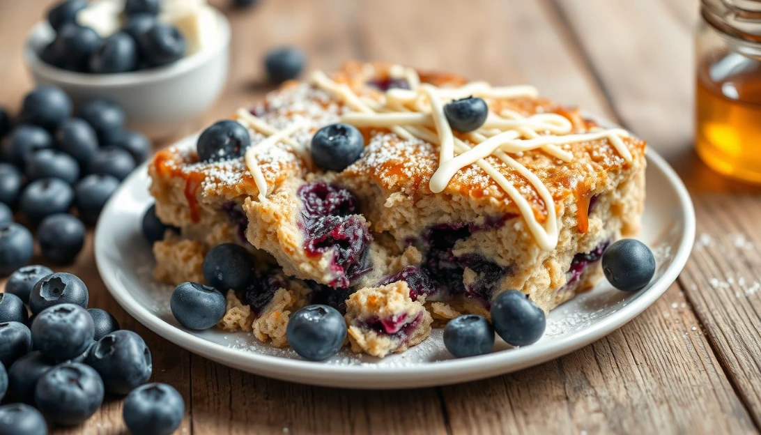 Slice of blueberry buckle with a drizzle of icing and fresh blueberries.