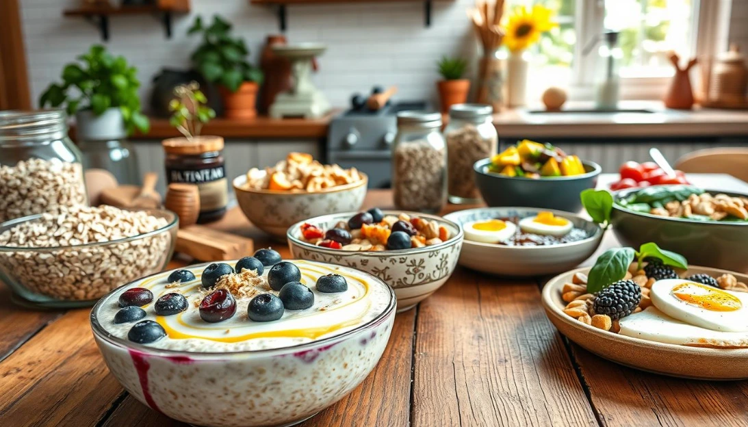 Variety of healthy breakfast bowls on a wooden table in a bright kitchen.