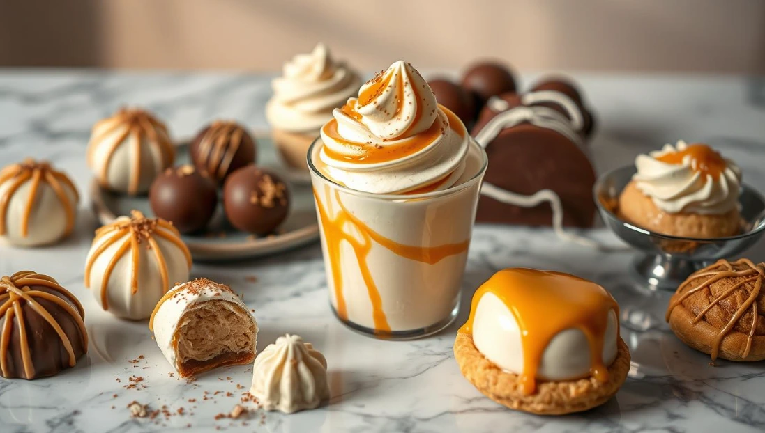 Close-up of creamy white and caramel swirled frozen dessert in a glass, surrounded by various chocolate and caramel treats.