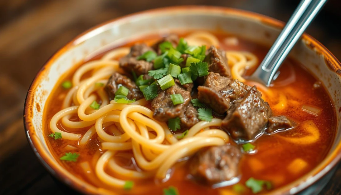 A close-up shot of a bowl of steaming hot Yakamein, a traditional Creole noodle soup from New Orleans. The bowl is filled with long, chewy egg noodles, tender chunks of beef, and a rich, savory broth. Freshly chopped green onions and fragrant cilantro are elegantly scattered over the top, adding pops of color and a vibrant herbal aroma. The lighting is soft and warm, highlighting the bowl's contents and creating a cozy, inviting atmosphere. The image is captured with a high-quality DSLR camera, using a shallow depth of field to draw the viewer's attention to the beautifully presented dish. Delicious bowl of beef noodle soup.