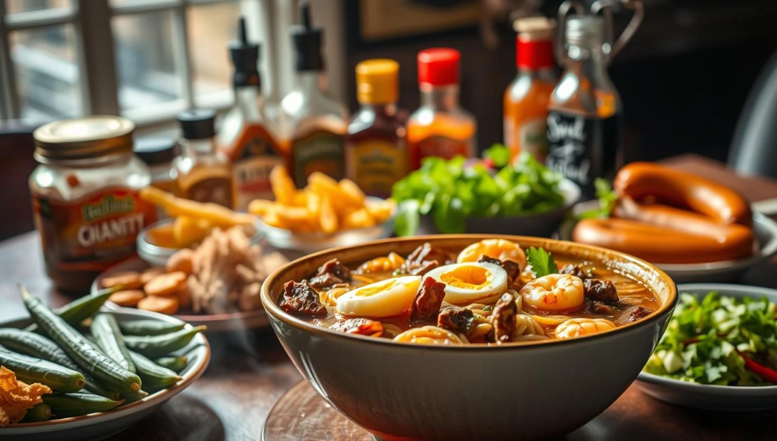 A lush, high-definition still life featuring an array of Creole cuisine pairings. In the foreground, a steaming bowl of yakamein noodles, its rich, savory broth punctuated by tender chunks of beef, shrimp, and hard-boiled egg. Surrounding the bowl, an assortment of complementary dishes: crisp fried okra, spicy andouille sausage, and a vibrant green salad with fresh herbs. In the middle ground, a selection of Creole seasonings and condiments, their jars and bottles casting warm, dramatic lighting. The background fades into a soft, blurred rendering of a classic New Orleans interior, hinting at the cultural context of this quintessential Crescent City dish. Captured with a professional-grade camera, the image exudes a mouthwatering, inviting atmosphere, perfectly evoking the "Perfect Pairings" for enjoying a hearty bowl of yakamein. Rich soup with beef, shrimp, and egg.