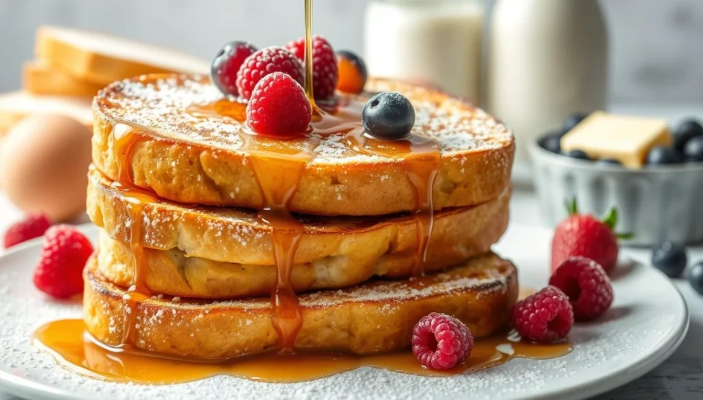 Stack of golden-brown French toast topped with fresh raspberries, blueberries, powdered sugar, and dripping maple syrup.