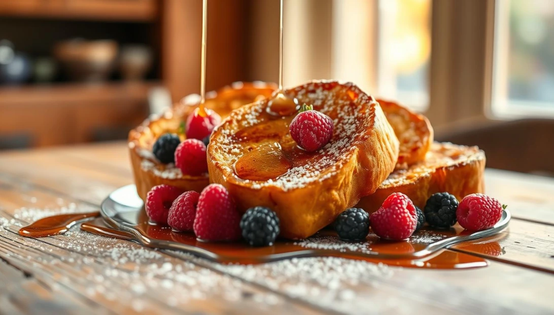 A golden-brown, crispy-edged classic French toast, glistening with maple syrup, nestled on a rustic wooden table. Thick slices of soft, custard-like brioche bread, dusted with powdered sugar and adorned with plump, juicy berries. Warm light filters through a window, casting a cozy, inviting glow. The scene is captured with a professional-grade camera, using a shallow depth of field to focus attention on the centerpiece dish. The atmosphere is one of comfort, indulgence, and the joy of a beloved breakfast tradition. Close-up of golden French toast slices on a plate, adorned with fresh raspberries, blackberries, powdered sugar, and glistening maple syrup.