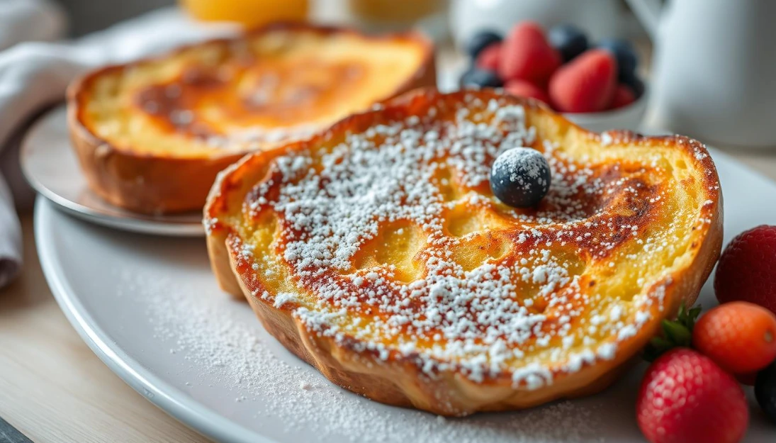 A warm and inviting traditional French toast, freshly prepared with thick-cut brioche bread, dipped in a custard-like mixture of farm-fresh eggs, whole milk, and a hint of vanilla. The surface glistens with a golden-brown caramelized crust, while the interior remains soft and fluffy. Garnished with a dusting of powdered sugar and accompanied by a small plate of fresh berries, creating a visually stunning and mouthwatering display. The scene is illuminated by soft, diffused natural lighting, showcasing the dish's rich history and the care taken in its preparation. A timeless and elegant culinary delight. Two slices of golden French toast dusted with powdered sugar, one topped with a single blueberry, alongside fresh strawberries, raspberries, and blueberries.