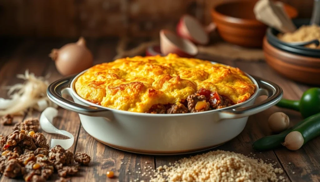 Hearty picadillo and cornbread casserole in a white baking dish on a rustic wooden surface, surrounded by ground beef, cornbread mix, onions, and peppers.