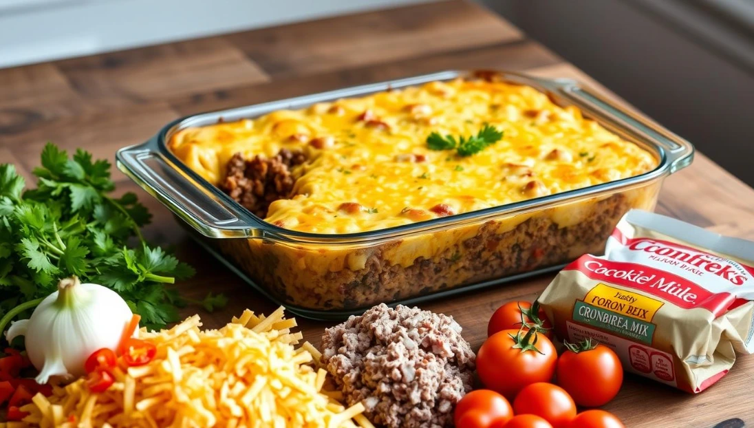 A beautifully assembled casserole dish, filled with savory picadillo ground beef and topped with a golden-brown cheese crust. The casserole sits on a rustic wooden table, illuminated by soft, natural lighting that highlights the dish's appealing textures and colors. In the foreground, an array of fresh ingredients - ground beef, onions, bell peppers, tomatoes, and cornbread mix - are neatly arranged, inviting the viewer to imagine the flavors and aromas of the homemade comfort food. The overall scene conveys a sense of warmth, hominess, and culinary expertise, perfectly capturing the essence of the "Assembling Your Picadillo Cornbread Casserole" section of the article. A casserole dish with a golden-brown topping, surrounded by fresh ingredients like ground meat, vegetables, and cornbread mix.