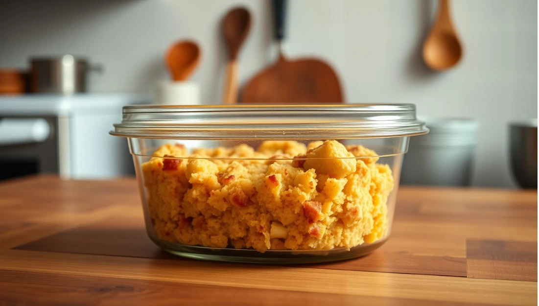 A cozy kitchen scene with a glass storage container filled with leftover Picadillo Cornbread Casserole, set on a wooden table. The container has a tight-fitting lid to preserve the dish's freshness. Soft, diffused lighting illuminates the scene, creating a warm and inviting atmosphere. In the background, a few simple kitchen utensils and a clean, minimalist backdrop provide a clean, uncluttered setting, allowing the focus to remain on the well-preserved leftovers. The image conveys a sense of efficiency and care in storing the delicious comfort food for future enjoyment. Cornbread and sausage stuffing in a clear glass container on a wooden table.