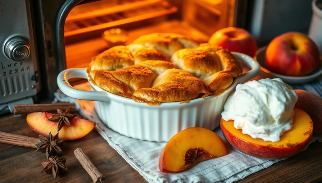 Golden-brown peach cobbler with a flaky biscuit topping in a white dish, served with a scoop of melting vanilla ice cream and fresh peach slices.