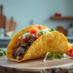 A vibrant and delicious coffee-rubbed steak taco filled with cheesy lime slaw, garnished with cilantro and tomatoes, on a wooden board