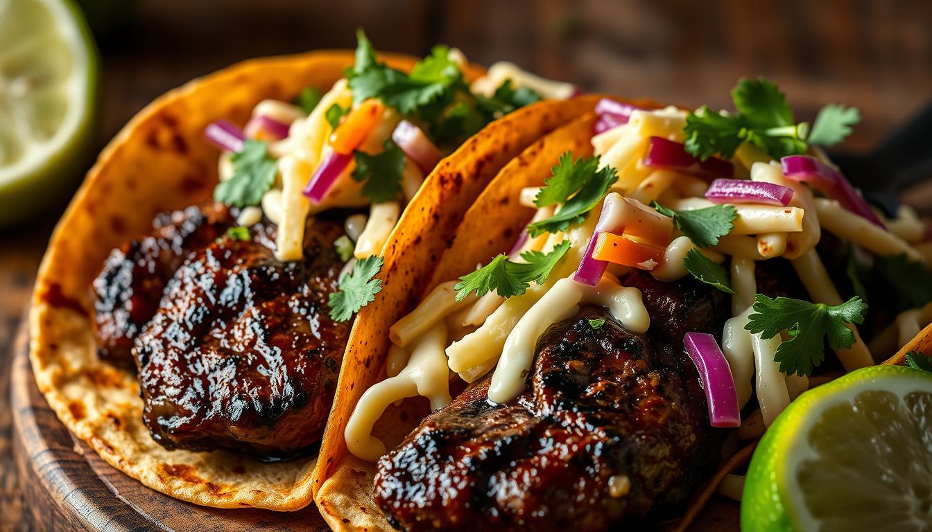 Two delicious coffee-rubbed steak tacos with cheesy lime slaw, garnished with red onion and cilantro, on a wooden surface with lime wedges