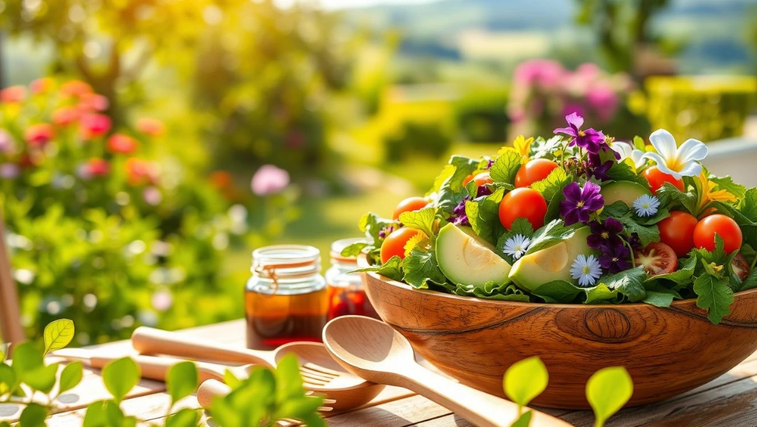 A vibrant, sun-dappled outdoor table setting showcasing a bountiful summer salad. In the foreground, a large wooden salad bowl overflowing with crisp greens, juicy tomatoes, sliced avocado, and delicate edible flowers. Arrange the ingredients artfully, creating a visually striking composition. In the middle ground, place a pair of serving utensils - a wooden salad fork and spoon - alongside a small jar of balsamic vinaigrette dressing. The background should depict a lush, verdant garden setting, with a blurred natural landscape in the distance, suggesting a serene, al fresco vibe. Illuminate the scene with soft, warm lighting, casting gentle shadows and highlights that enhance the freshness and vibrancy of the salad. Capture this scene with a high-resolution, professional-grade camera lens to deliver a mouthwatering, appetizing image. Salad with lettuce, melon, and edible flowers