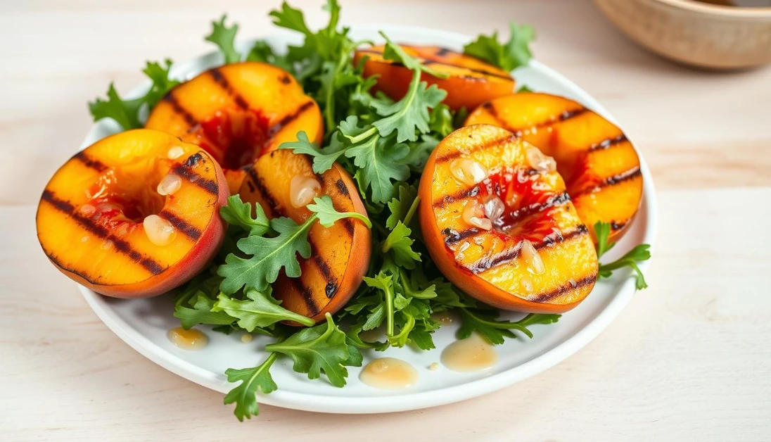 High-resolution, professional-quality image of a grilled peach and arugula salad, with a light and refreshing aesthetic. The salad is presented on a light-colored wooden table, with the peach halves arranged artfully, drizzled with a light vinaigrette dressing, and accompanied by a handful of fresh arugula leaves. The lighting is soft and natural, with gentle shadows accentuating the textures and colors of the ingredients. The overall composition is balanced and visually appealing, capturing the essence of a simple yet flavorful summer salad. Grilled peaches with arugula