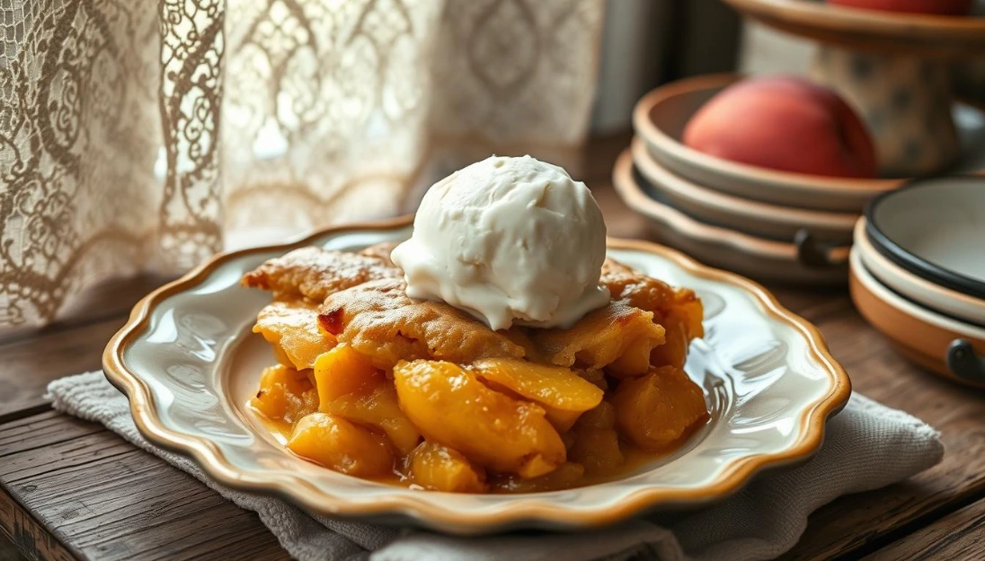 A rustic, hand-crafted southern peach cobbler, bursting with the juicy sweetness of fresh Georgia peaches. The flaky, golden crust gives way to a warm, bubbly filling, with hints of cinnamon and vanilla wafting through the air. Soft light filters through a lace curtain, casting a cozy, nostalgic glow over the scene. Aged wooden surfaces and worn, antique serving dishes add to the timeless charm. A scoop of cool, creamy vanilla ice cream melts deliciously over the top, completing this quintessential southern dessert experience. Peach cobbler topped with a scoop of vanilla ice cream, served on a white plate.
