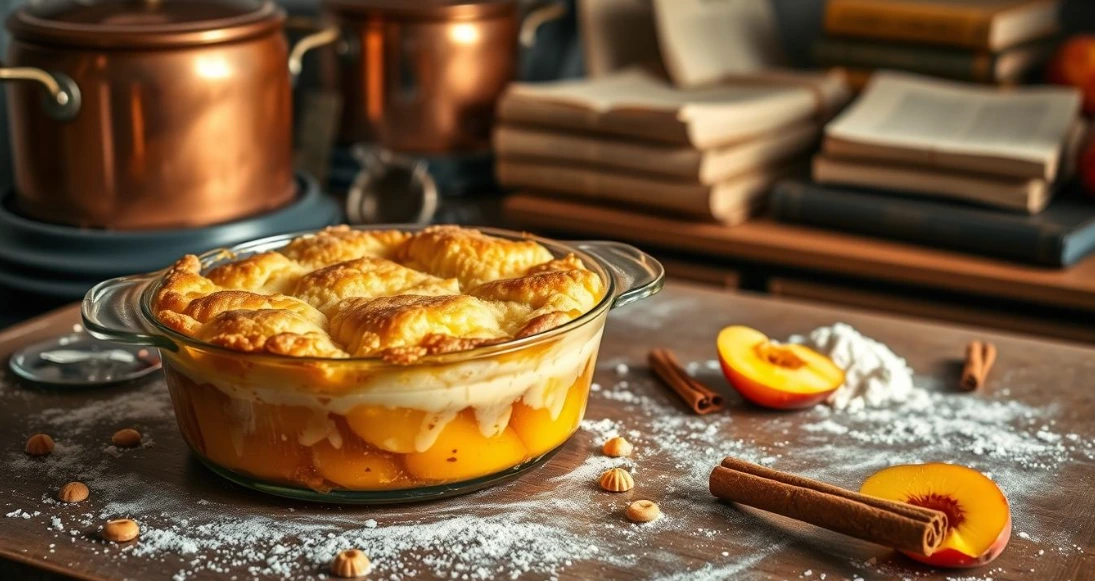 A rustic kitchen table set with a freshly baked peach cobbler, its golden crust glistening under soft, warm lighting. In the background, antique copper cookware and vintage recipe books evoke the timeless tradition of Southern hospitality. Wisps of steam rise from the cobbler, hinting at the juicy, fragrant peaches within. The tabletop is adorned with scattered peach slices, cinnamon sticks, and a scattering of flour, capturing the artisanal, homemade essence of this iconic dessert. The overall scene conveys a sense of history, comfort, and the pride of passing down cherished family recipes through generations. A glass dish filled with peach cobbler, surrounded by peaches, cinnamon sticks, and powdered sugar