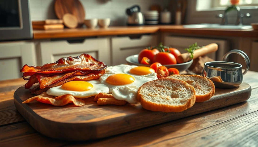 A classic English breakfast, a timeless culinary tradition, captured in a high-definition scene. On a rustic wooden table, neatly arranged ingredients await - sizzling bacon, plump sausages, golden-yolked eggs, roasted tomatoes, and a golden-brown slice of toast. The scene is bathed in warm, natural lighting, creating a cozy and inviting atmosphere. In the background, a simple, minimalist kitchen setting enhances the classic, comforting vibe. The resulting image should evoke the rich history and cultural significance of this beloved breakfast, perfectly suited to illustrate the section on the origins of the traditional English breakfast. Crispy bacon, sunny-side-up eggs, and toasted bread slices on a wooden board, with tomatoes and a mug in the background.