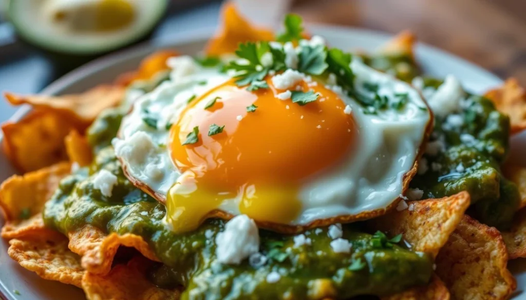 Chilaquiles with a fried egg on top, covered in green salsa and sprinkled with cheese and cilantro.