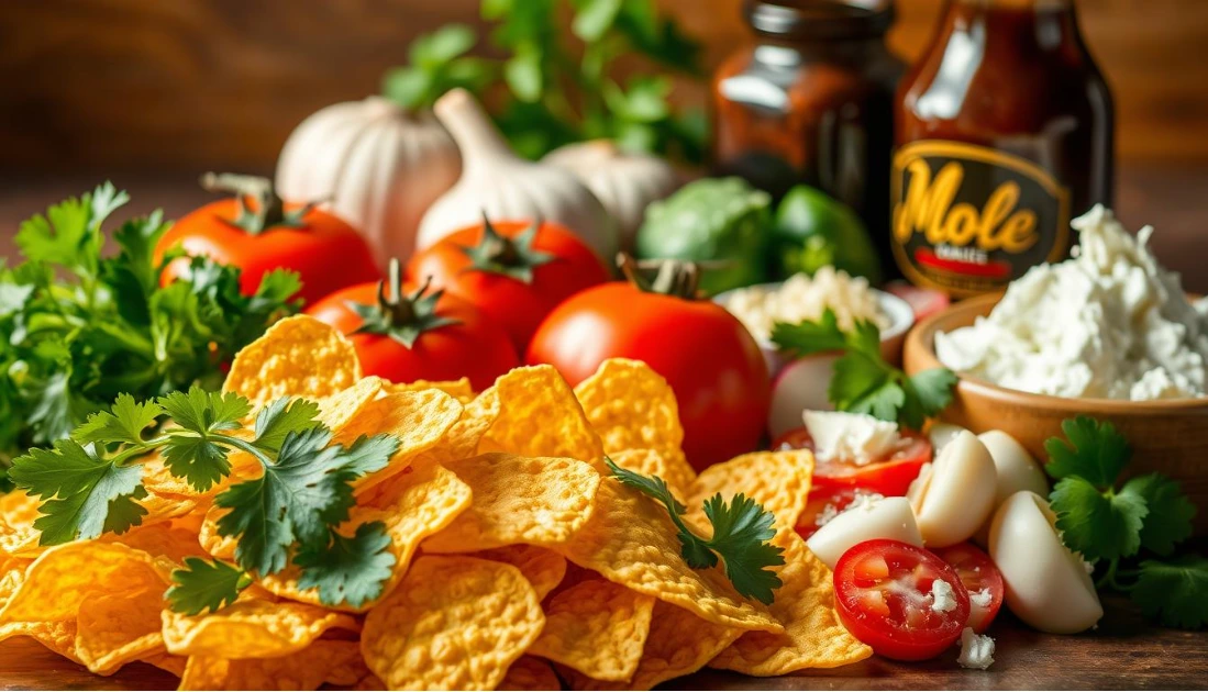 A vibrant still life arrangement showcasing the essential ingredients for authentic chilaquiles. In the foreground, a pile of crisp, golden-brown tortilla chips, their texture invitingly crunchy. Alongside, fresh sprigs of cilantro and sliced radishes add a pop of color and crunch. In the middle ground, ripe, juicy tomatoes and fragrant garlic cloves stand ready to be transformed into a flavorful salsa. The background features a rich, earthy mole sauce, its deep, complex flavors hinting at the depth of taste to come. Soft, crumbled queso fresco and a drizzle of creamy Mexican crema complete the scene, evoking the mouthwatering essence of this classic Mexican dish. Illuminated by warm, natural lighting, this image captures the vibrant essence of the essential chilaquiles ingredients. Tortilla chips with mole sauce, tomatoes, onions, cilantro, and cheese.
