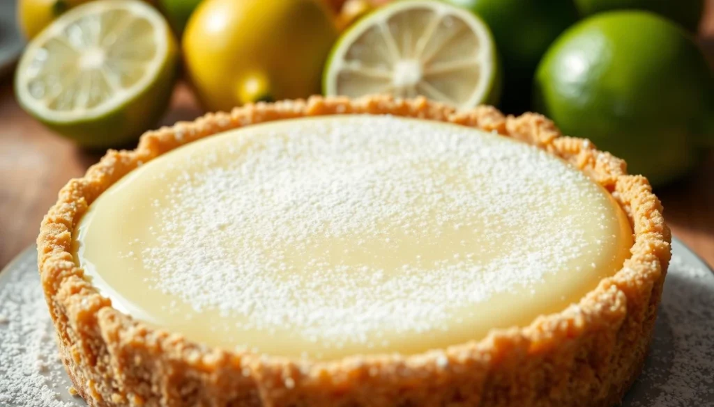 Key lime pie with limes and lemons in the background.