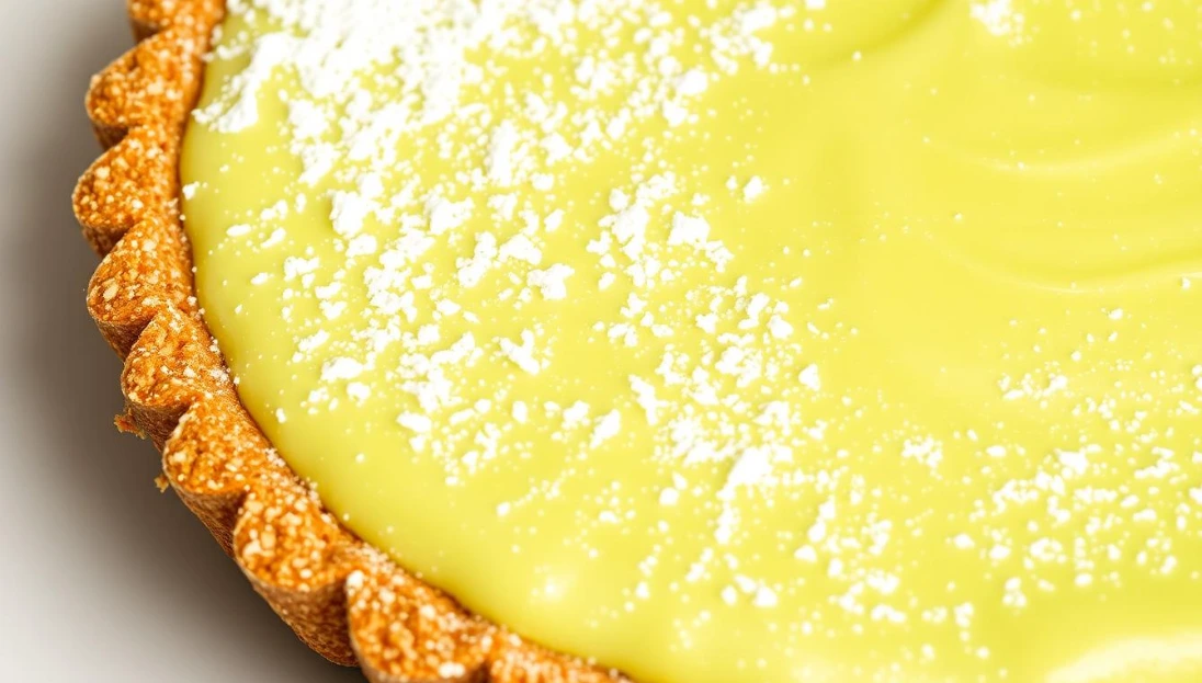 A close-up photo of a fresh, homemade New York-style key lime pie dessert, featuring a golden, buttery graham cracker crust and a vibrant, silky smooth lime filling. The pie is dusted with a light layer of powdered sugar, creating a beautiful contrast against the rich green filling. The lighting is soft and natural, gently highlighting the luscious texture of the pie. The image is captured at a slight angle, providing a dynamic and appetizing perspective. The background is clean and minimalist, allowing the key lime pie to be the star of the composition. Close-up of a bright yellow lemon tart with powdered sugar.