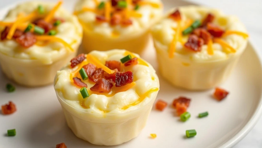 Four individual mashed potato cups on a white plate, topped with bacon bits, shredded cheese, and chopped green onions.