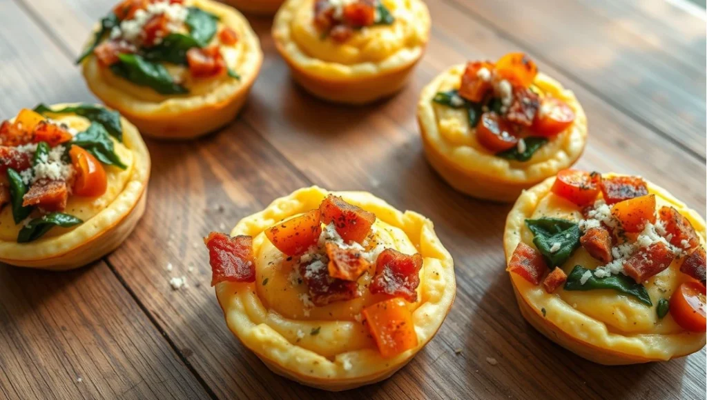 Six golden mini quiches or savory egg cups with creamy yellow filling, topped with red tomatoes, green spinach, and grated cheese, arranged on a rustic wooden surface.