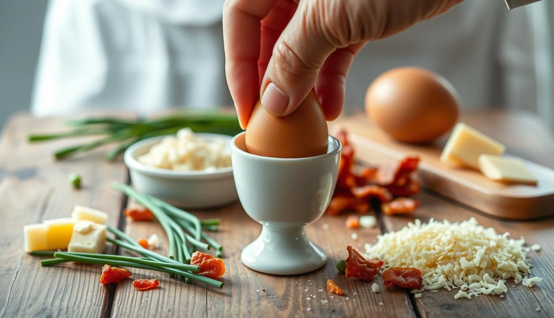 Hand placing an egg into a white egg cup surrounded by fresh ingredients like scallions, cheese, and dried tomatoes on a rustic wooden table.