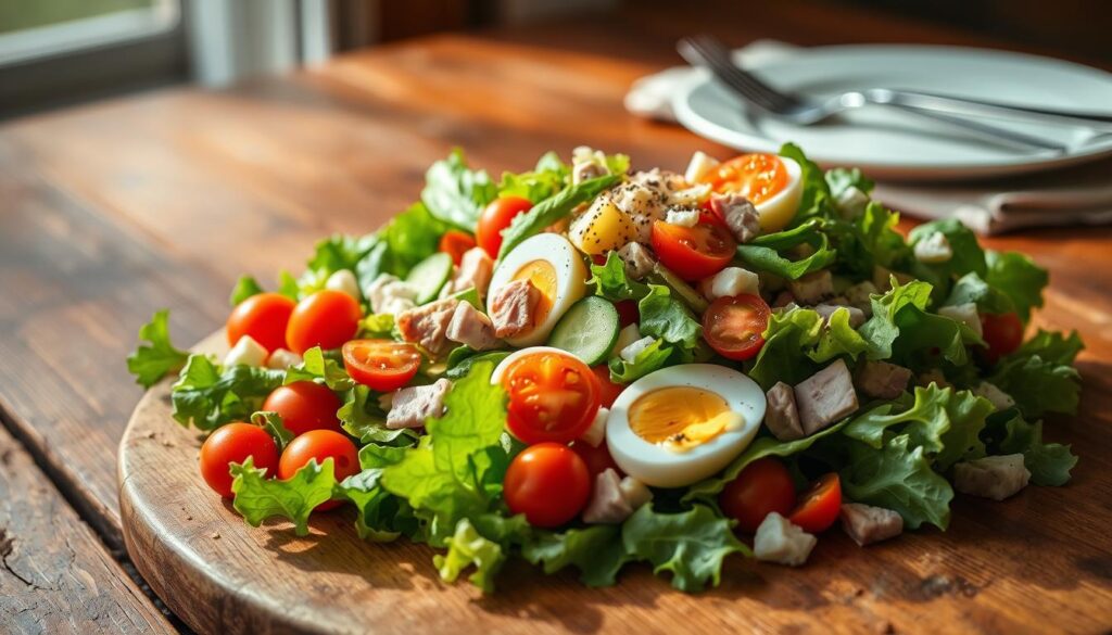 A classic chef's salad on a rustic wooden table, bathed in warm, natural lighting. In the foreground, a pile of crisp, freshly chopped romaine lettuce, dotted with vibrant cherry tomatoes, crunchy cucumber slices, and slivers of juicy ham and turkey. Nestled among the greens are hard-boiled egg halves, their golden yolks glistening. The salad is finished with a drizzle of creamy, tangy dressing, and a sprinkle of freshly ground black pepper. In the background, a simple yet elegant place setting, with a white ceramic plate and a fork resting on a linen napkin. The overall scene exudes a sense of homemade comfort and timeless elegance, perfectly capturing the essence of the classic chef's salad.