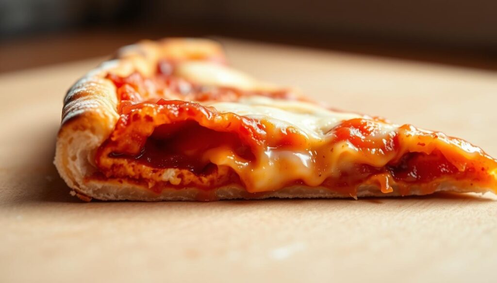 A close-up, high-definition photograph of a neatly folded, freshly baked New York-style pizza slice. The thin, crispy crust is dusted with a light layer of flour, and the edges are slightly charred. The vibrant tomato sauce and gooey, melted mozzarella cheese create a visually appealing contrast. Highlighted by warm, soft lighting from the side, casting subtle shadows and highlighting the delicate textures. The slice is positioned on a clean, neutral-colored surface, allowing the pizza to be the focal point. The image conveys a sense of mouthwatering, authentic New York-style pizza ready to be savored.