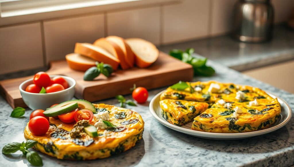 A cozy kitchen counter showcases a vibrant, artfully-plated spinach ricotta frittata, accompanied by a variety of fresh, complementary garnishes. In the foreground, sliced avocado, crumbled feta, and a drizzle of pesto adorn the golden, fluffy frittata. Beside it, a small bowl overflows with juicy cherry tomatoes and a sprig of fragrant basil. In the middle ground, a rustic wooden cutting board displays neatly arranged slices of crusty bread, inviting the viewer to savor the dish. The scene is bathed in warm, natural lighting, casting a soft, inviting glow and highlighting the vibrant colors and textures. The overall atmosphere evokes a sense of homemade, wholesome nourishment, perfectly suited to accompany the "Serving Suggestions" section of the "Easy Spinach Ricotta Frittata" article.