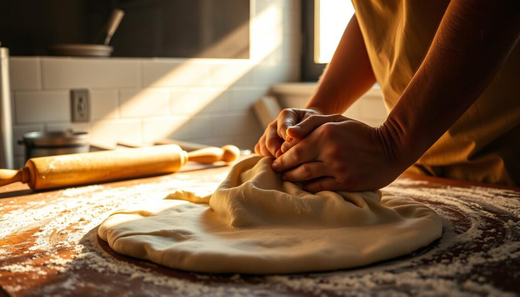 A dimly lit kitchen counter, flour-dusted and well-worn, serves as the stage for the artful preparation of pizza dough. In the foreground, large, calloused hands knead the supple, yeast-infused mass, coaxing it into a smooth, elastic sheet. Beams of warm, golden light from a nearby window cast a soft glow, highlighting the subtle sheen of the dough as it is stretched and folded, revealing its hidden potential. In the background, a few essential tools - a rolling pin, a metal dough scraper, and a lightly dusted work surface - stand ready to assist in the creation of this versatile foundation. The atmosphere is one of quiet focus and culinary mastery, a scene that captures the essence of the classic New York-style pizza-making process.