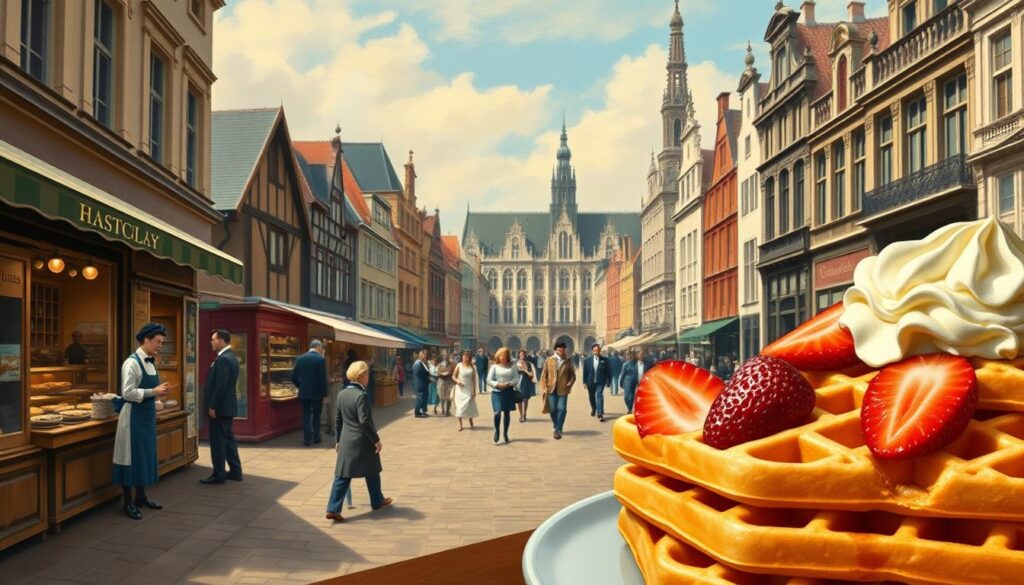 A grand historical panorama of Belgian waffles, captured in a richly textured, oil-painted style. In the foreground, a delectable stack of golden-brown waffles, adorned with luscious strawberries and a generous dollop of whipped cream, evoking the decadence of the modern dish. In the middle ground, a bustling 19th-century Flemish street scene, with bakers tending to their waffle irons in quaint storefronts, while well-dressed patrons savor the sweet treats. In the background, the iconic architecture of Brussels rises, a testament to the enduring legacy of this beloved Belgian delicacy. Warm, soft lighting bathes the scene, creating a nostalgic, heirloom-like atmosphere. An image that captures the rich history and timeless appeal of Belgian waffles.