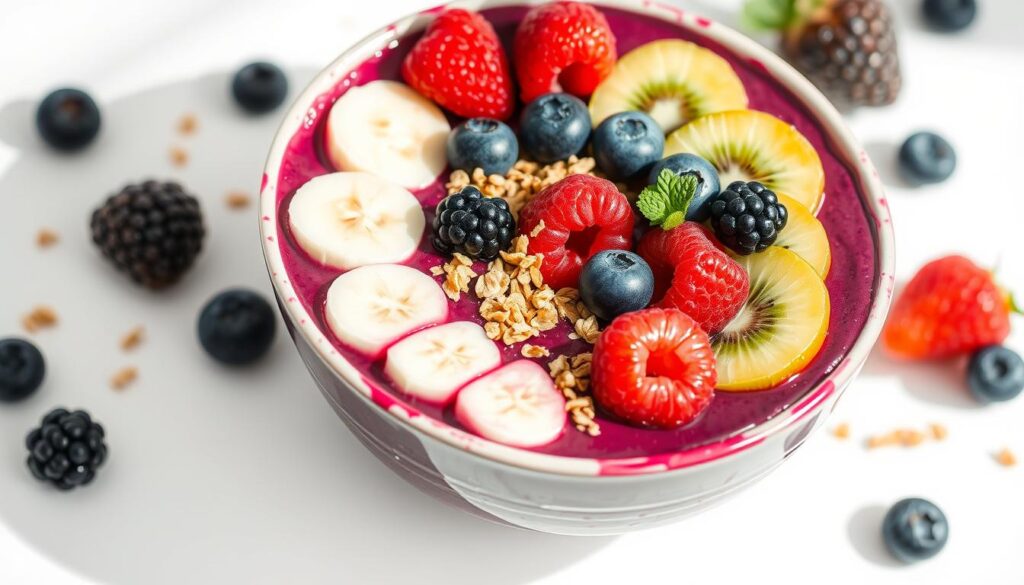A vibrant, high-resolution image of an acai bowl, showcasing its incredible nutritional profile. The bowl is filled with a thick, deep purple acai puree, topped with an array of fresh, colorful berries like blueberries, raspberries, and blackberries. Sliced bananas, kiwi, and a sprinkle of granola add texture and visual interest. The bowl is set against a plain white background, allowing the superfood ingredients to take center stage. Soft, natural lighting illuminates the scene, highlighting the bowl's glossy, inviting appearance. The image conveys a sense of health, vitality, and the exotic allure of this Brazilian superfood creation.