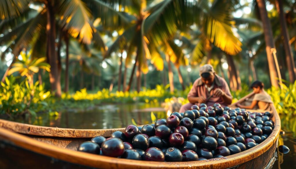 A vibrant, historical scene of the origins of the acai bowl, set against the lush, tropical backdrop of the Brazilian Amazon rainforest. In the foreground, a traditional wooden canoe filled with freshly harvested acai berries, glistening with dew. In the middle ground, a group of indigenous people carefully preparing the berries, crushing them into a thick, deep purple puree. In the background, towering palm trees sway in the gentle breeze, casting dappled shadows over the scene. The lighting is warm and golden, evoking the timeless beauty of this centuries-old tradition. The overall atmosphere is one of cultural richness, natural abundance, and the enduring legacy of the acai bowl.