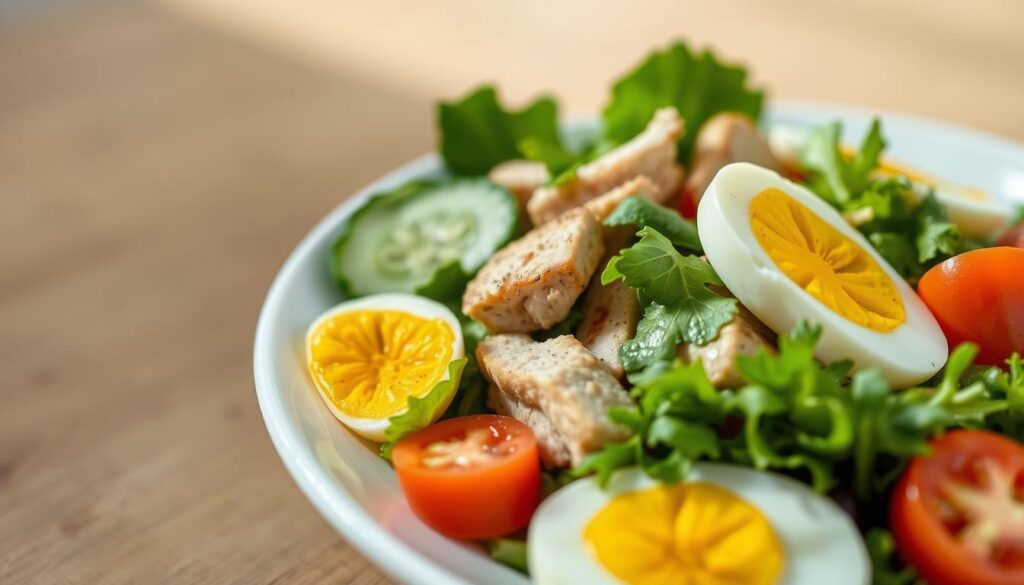 A vibrant, well-lit close-up of a fresh, homemade chef's salad, featuring a variety of colorful, nutrient-dense ingredients arranged in an aesthetically pleasing manner. The salad is presented on a clean, minimalist white plate or bowl, allowing the natural beauty of the ingredients to shine. The image captures the salad's crisp, healthy appearance, with leafy greens, juicy tomatoes, crunchy cucumber slices, hard-boiled egg, and lean protein such as grilled chicken or turkey. Soft, natural lighting from the side or above casts gentle shadows, emphasizing the texture and depth of the salad's components. The overall mood is one of wellness, freshness, and the simple pleasures of a homemade, wholesome meal.