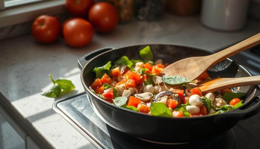 A well-lit kitchen countertop, with a cast-iron skillet sizzling with a variety of freshly chopped vegetables - vibrant spinach leaves, diced tomatoes, sliced mushrooms, and finely minced garlic. Sunlight streams in through a nearby window, casting a warm glow over the scene. The vegetables are being expertly sautéed, their aromas filling the air, as the cook expertly manipulates a wooden spatula to ensure even cooking. The overall mood is one of culinary focus and anticipation, hinting at the delicious frittata to come.