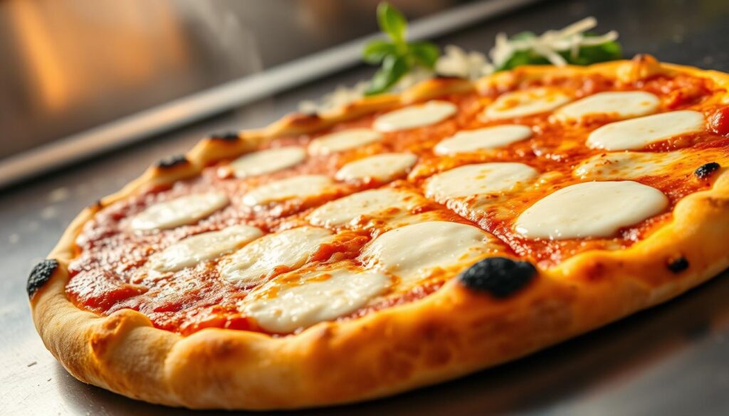 Freshly baked New York-style pizza with golden crust, melted mozzarella, and rich tomato sauce on a baking tray.