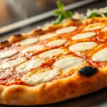 Freshly baked New York-style pizza with golden crust, melted mozzarella, and rich tomato sauce on a baking tray.