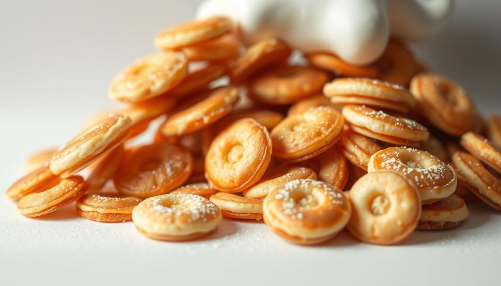 A beautifully lit, high-quality, non-copyright image of a collection of miniature, golden-brown pancakes arranged in an artistic, cascading pattern against a clean, white background. The pancakes are perfectly uniform in size and shape, with a delicate, fluffy texture and a subtle sheen, as if lightly dusted with powdered sugar. The lighting is soft and diffused, creating a warm, inviting atmosphere that highlights the tempting details of the pancakes. The composition is well-balanced, with the pancakes taking center stage and occupying the majority of the frame, conveying a sense of the "breakfast revolution" and the trend of miniature pancake cereal.