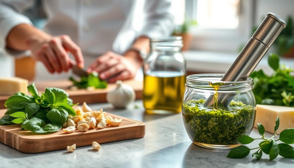 A bright, airy kitchen with natural light streaming in, showcasing a wooden cutting board laden with fresh basil leaves, pine nuts, garlic cloves, and a wedge of Parmesan cheese. In the foreground, a chef's hands carefully mince the ingredients, while a high-quality, stainless steel mortar and pestle stands ready. The middle ground features a vintage-style glass jar, the golden olive oil glistening as it is slowly drizzled into the mixture, creating a rich, aromatic pesto. The background softly blurs, emphasizing the chef's focused attention on the task at hand, capturing the essence of homemade pesto preparation.