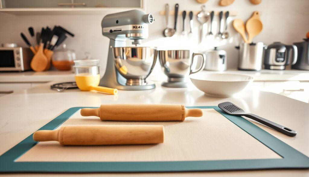 A bright, well-lit kitchen countertop showcases an assortment of cloud bread preparation tools. In the foreground, a silicone baking mat, a rolling pin, and a spatula are neatly arranged. In the middle ground, a stand mixer with a whisk attachment, a set of measuring cups and spoons, and a large mixing bowl command attention. The background features a variety of small appliances, such as a hand mixer and a food processor, complementing the cloud bread-making essentials. The overall scene radiates a sense of culinary efficiency and attention to detail, capturing the spirit of the "Kitchen Tools You'll Need" section.