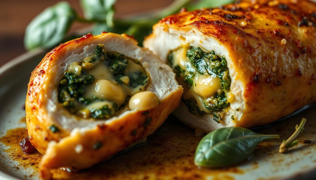 A close-up, high-resolution photograph of a juicy, perfectly cooked stuffed chicken breast. The chicken is sliced open, revealing a vibrant, flavorful pesto spinach filling that oozes with creamy, melted cheese. The skin is golden-brown and crispy, glistening with natural juices. The lighting is soft and diffused, casting warm shadows that accentuate the delicate textures. The camera angle is slightly elevated, highlighting the succulent, mouthwatering details of the dish. The background is blurred, keeping the focus entirely on the sumptuous, centerpiece chicken. The overall mood is appetizing, inviting the viewer to imagine the savory aromas and satisfying flavors of this delectable, professionally photographed stuffed chicken.