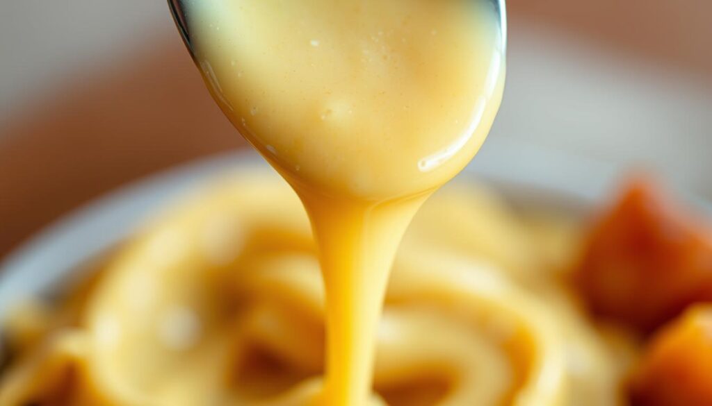 A close-up view of a creamy, velvety sauce gently cascading down a spoon, its smooth and silky texture evident in the way it effortlessly flows. The sauce is a rich, golden-hued blend of simmered garlic, heavy cream, and Parmesan, perfectly emulsified to create a luscious, tongue-coating consistency. Soft, diffused lighting casts a warm, inviting glow on the scene, highlighting the sauce's alluring sheen and the depth of its color. The image is captured with a macro lens, emphasizing the sauce's viscosity and inviting the viewer to imagine the decadent, creamy mouthfeel of this perfectly executed Tuscan-inspired dish.
