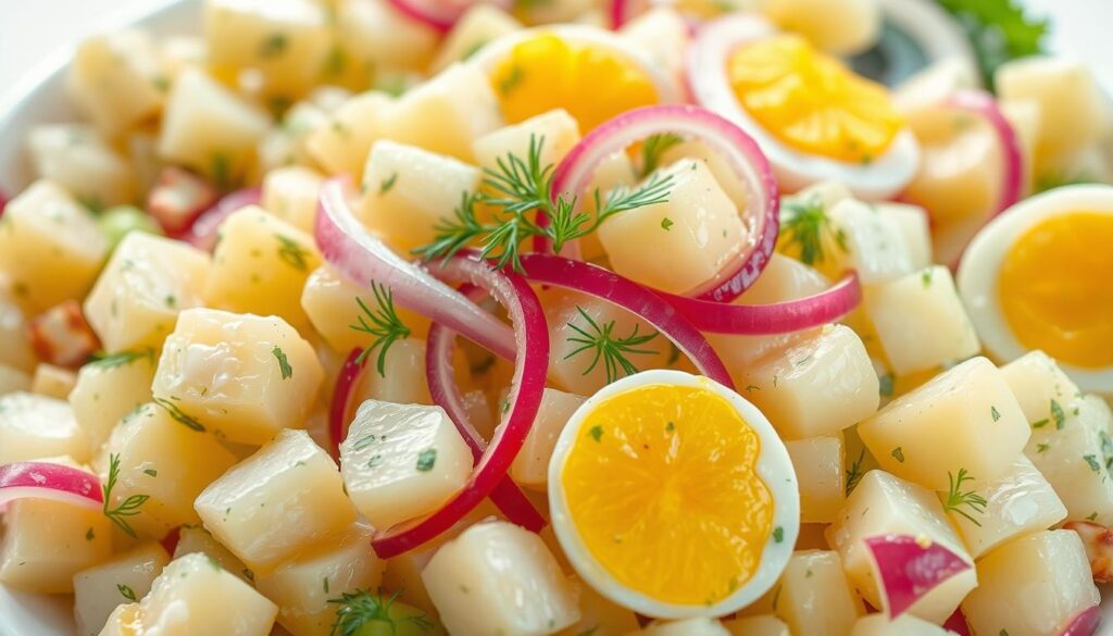 A delectable and fresh potato salad, its vibrant colors popping against a crisp white background. The foreground features expertly diced new potatoes, their tender flesh tossed with a zesty lemon-herb dressing, dotted with sprigs of fragrant dill. In the middle ground, crunchy celery and red onion slices add texture and bite, while halved hard-boiled eggs nestle amongst the salad, their sunny yolks a perfect complement. The background is bathed in soft, natural lighting, casting a warm glow over the entire scene, inviting the viewer to savor the healthy, flavorful dish. Photos réelles non copyright professionnelles optimisée format Webp, haute qualité et bien centré.